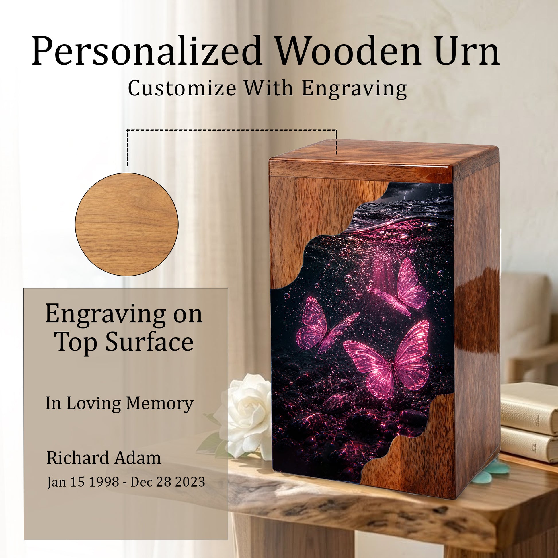 Butterfly Wooden Cremation Urn – Pink Butterfly Memorial Urn for Human Ashes