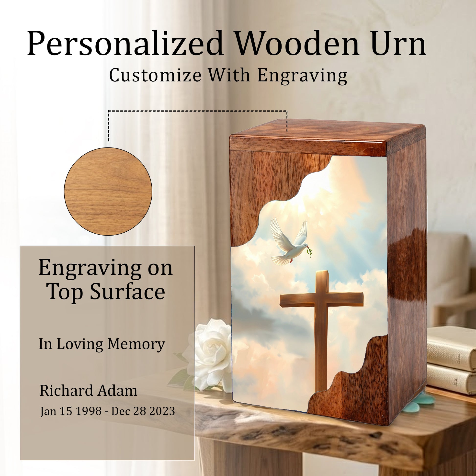 Wooden Cremation Urn – Cross Memorial Urn | Christian Wooden Urn for Ashes