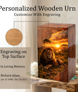 Lion Wooden Cremation Urn – Wooden Urn for Human Ashes | Memorial Urn for Dad