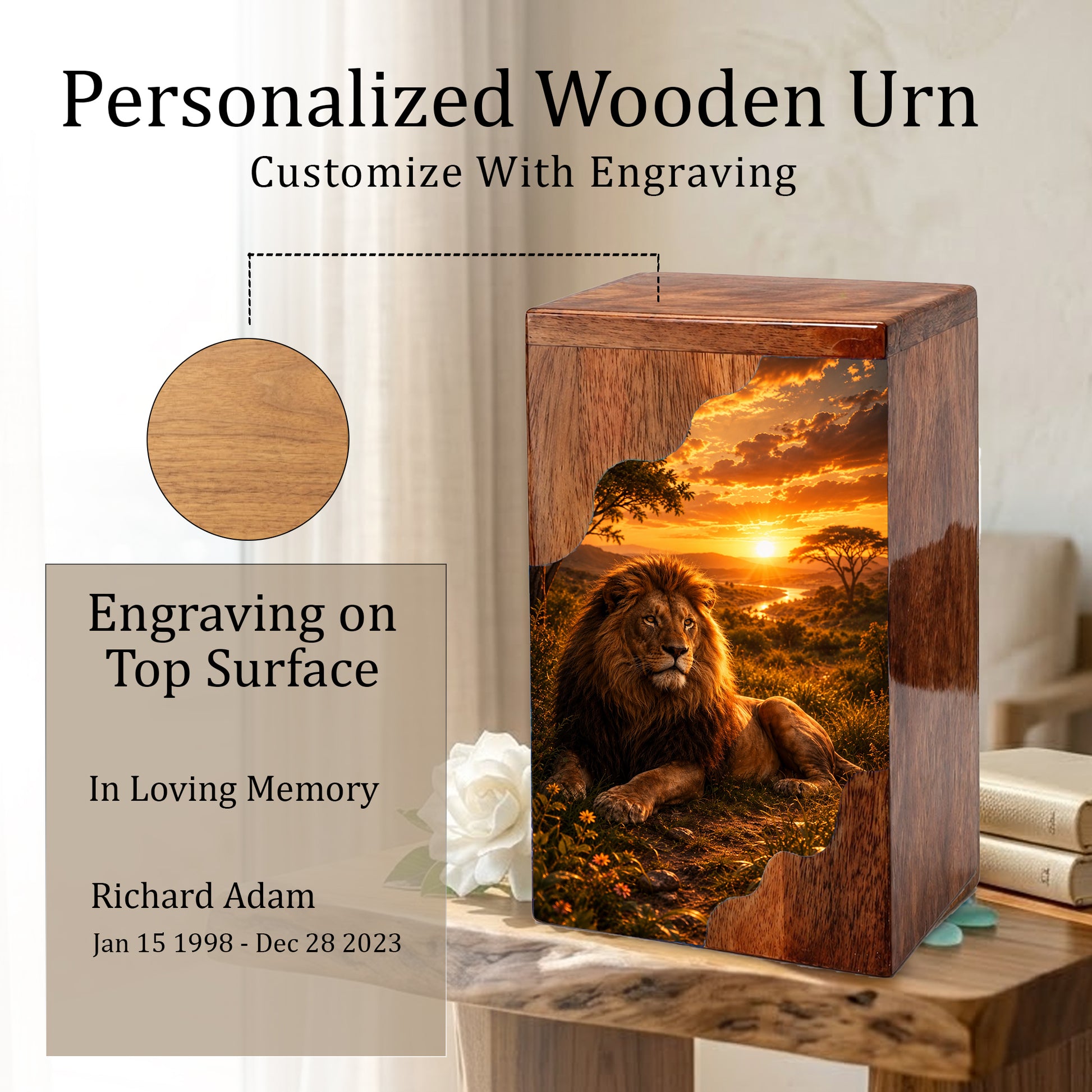 Lion Wooden Cremation Urn – Wooden Urn for Human Ashes | Memorial Urn for Dad