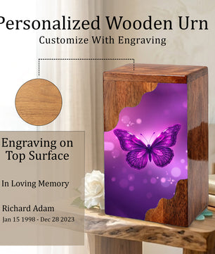Purple Butterfly Wooden Cremation Urn – Elegant Butterfly Memorial Wooden Urn for Human Ashes