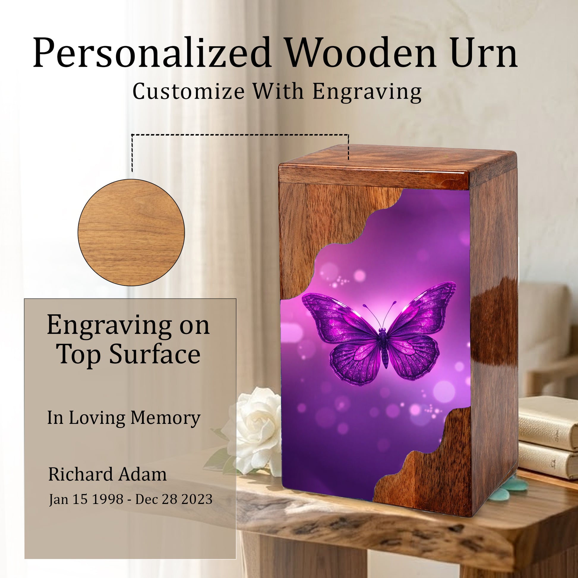 Purple Butterfly Wooden Cremation Urn – Elegant Butterfly Memorial Wooden Urn for Human Ashes