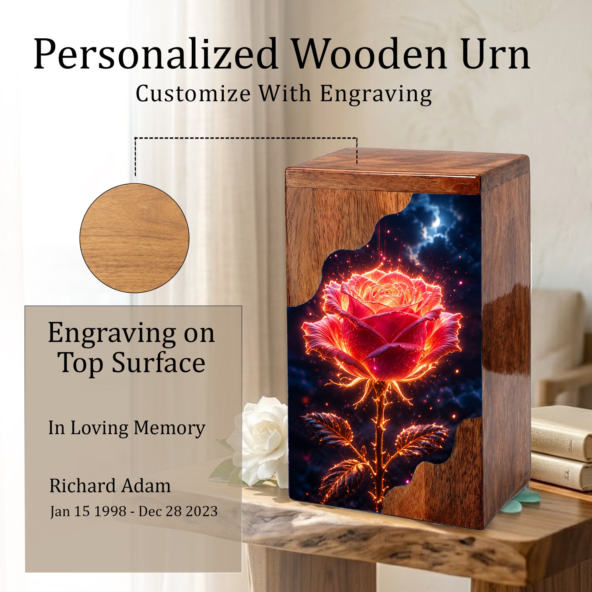 Rose Wooden Cremation Urn for Mom – Custom Memorial Wooden Urn for Human Ashes