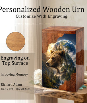 Wooden Cremation Urn for Human Ashes, Bear Memorial Urn