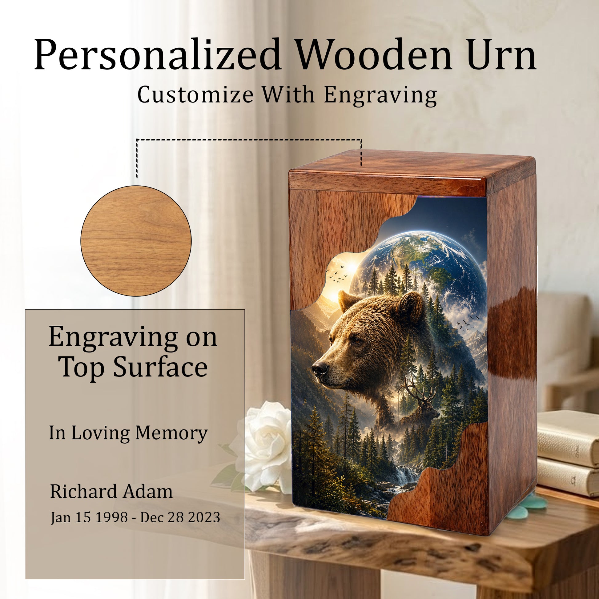 Wooden Cremation Urn for Human Ashes, Bear Memorial Urn