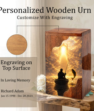 Fishing in Heaven Wooden Cremation Urn – Personalized Memorial Urn for Human Ashes