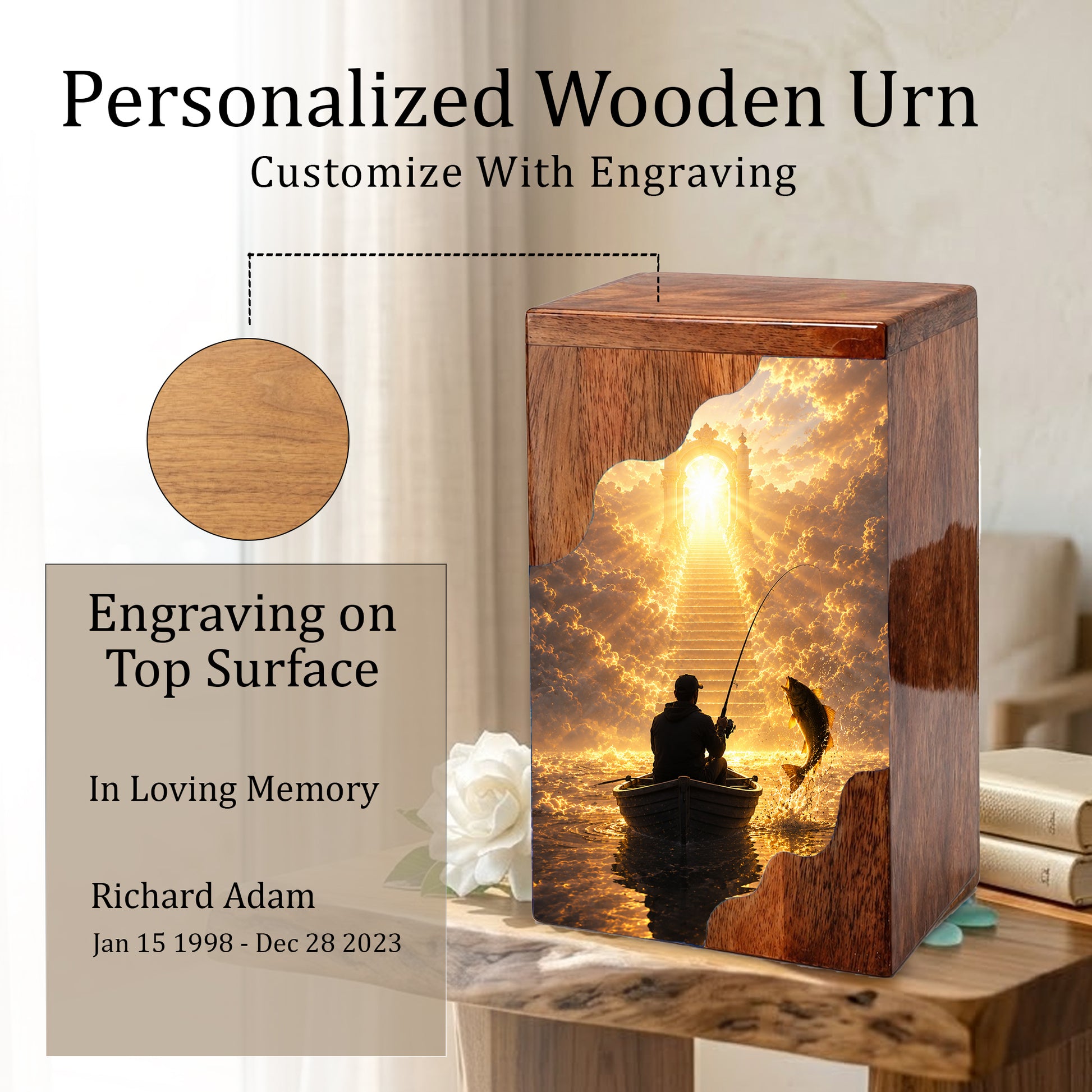 Fishing in Heaven Wooden Cremation Urn – Personalized Memorial Urn for Human Ashes