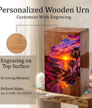Beach Wooden Cremation Urn for Human Ashes | Coastal Sunset Memorial Urn