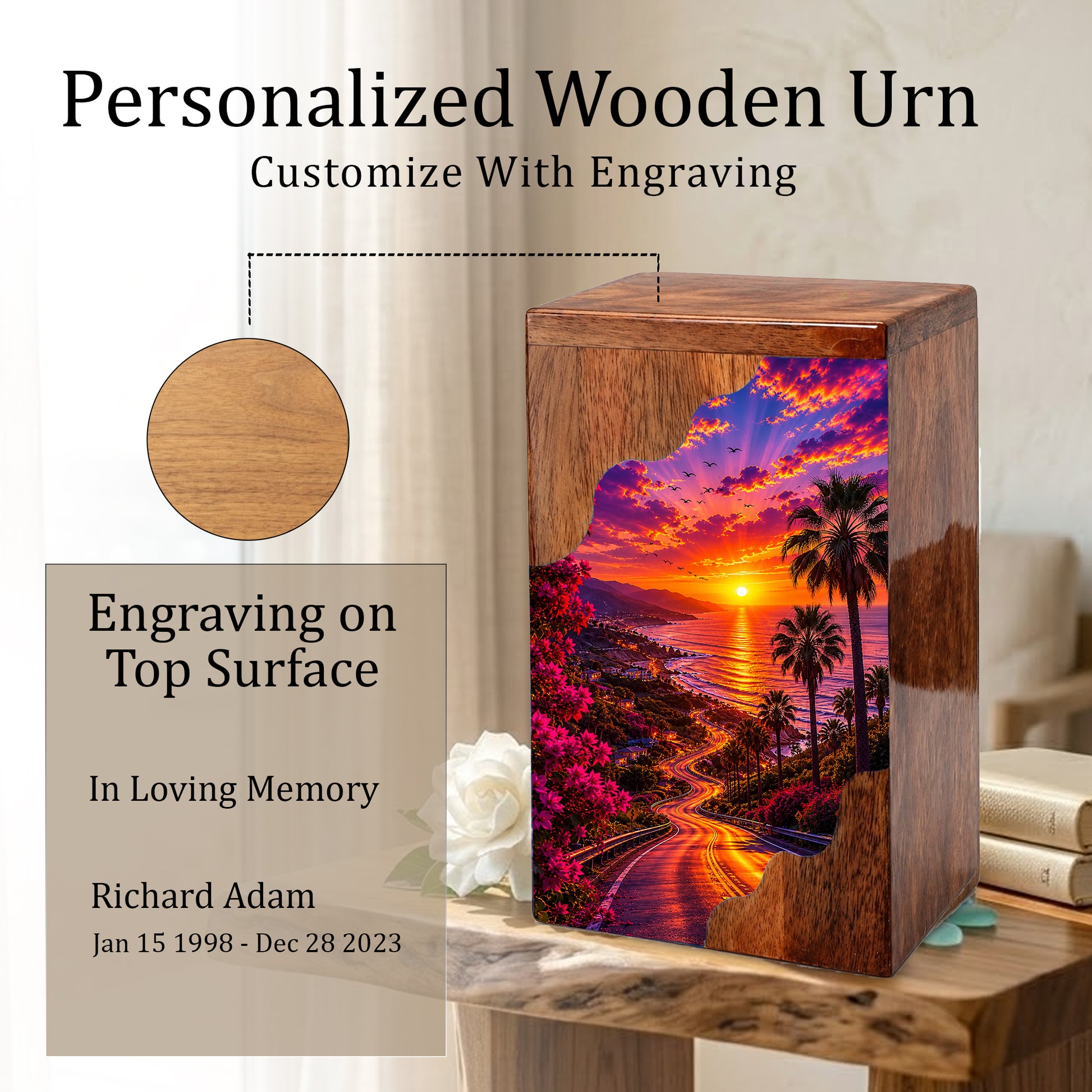 Beach Wooden Cremation Urn for Human Ashes | Coastal Sunset Memorial Urn