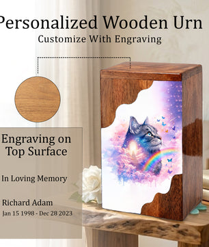 Wooden Cat Cremation Urn – Custom Cat Memorial Urn with Rainbow Bridge Design