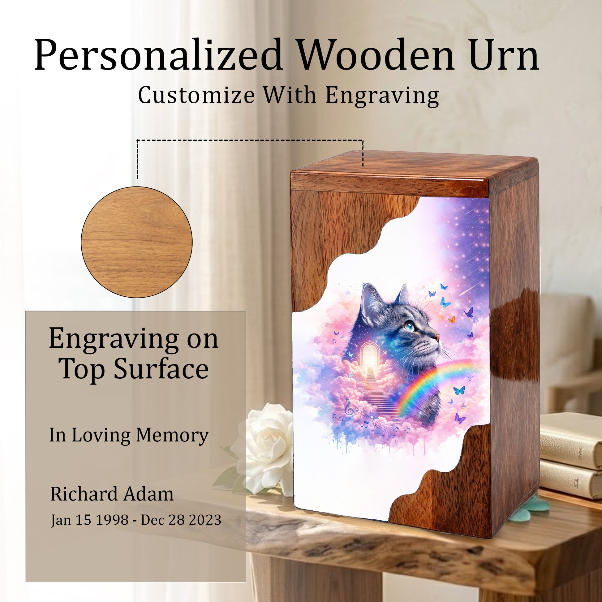 Wooden Cat Cremation Urn – Custom Cat Memorial Urn with Rainbow Bridge Design