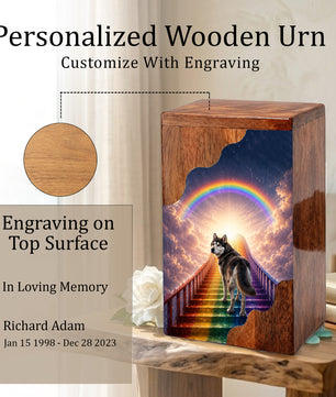 Personalized Husky Dog Urn for Ashes, Rainbow Bridge Wooden Cremation Urn