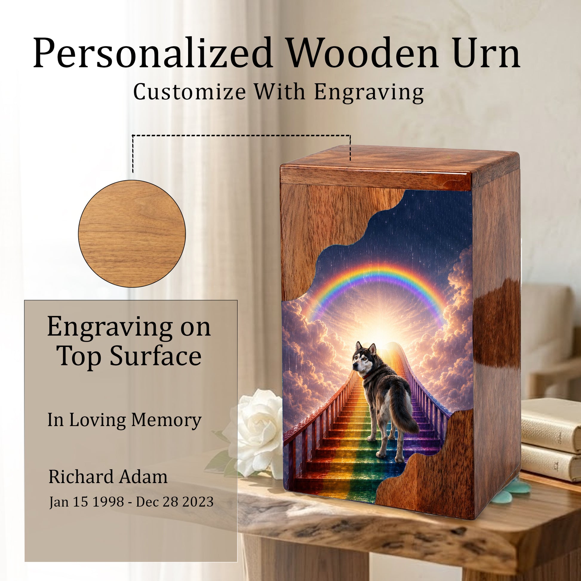 Personalized Husky Dog Urn for Ashes, Rainbow Bridge Wooden Cremation Urn