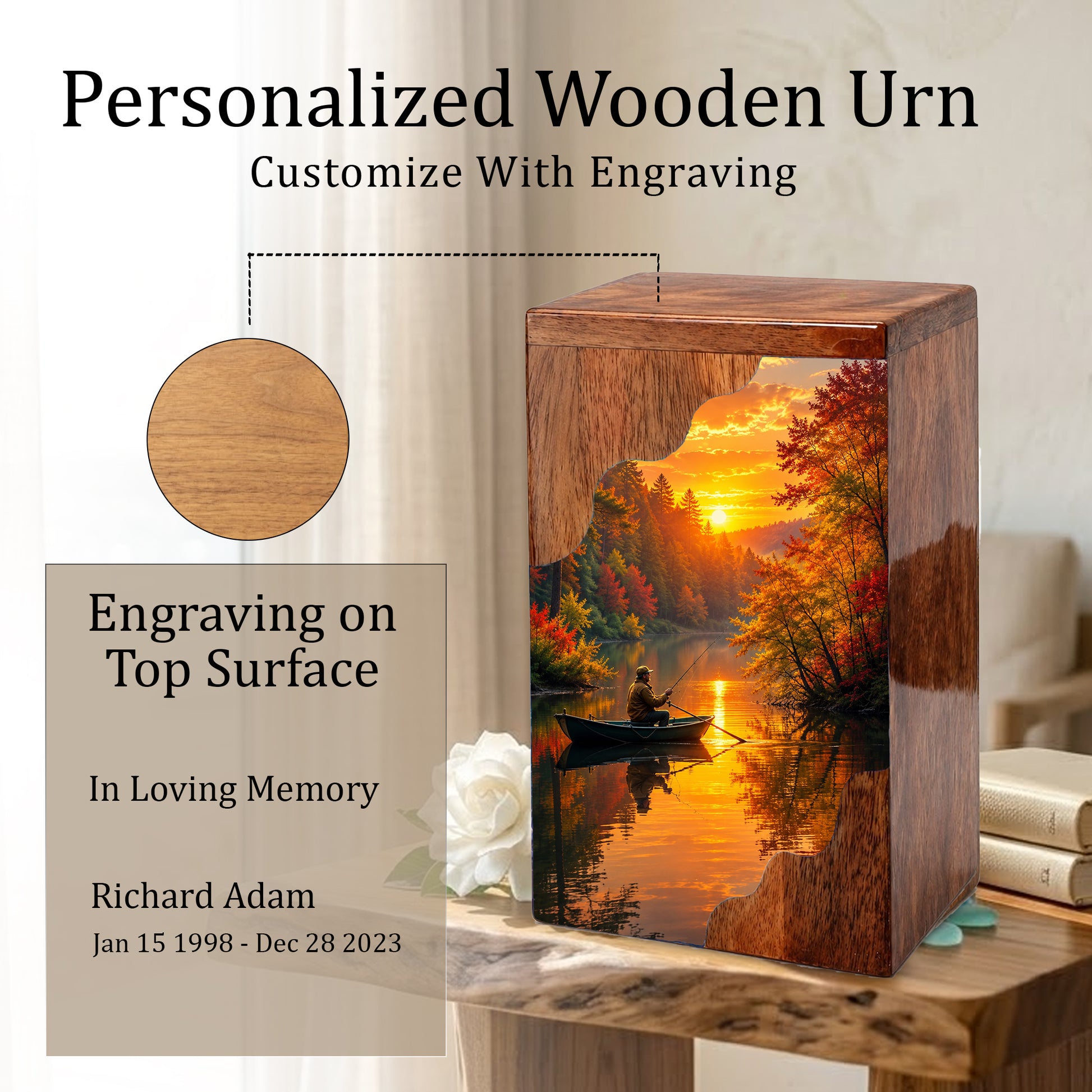Fishing Wooden Cremation Urn – Gone Fishing Memorial Urn for Human Ashes