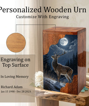 Deer Wooden Cremation Urn – Moonlit Forest Memorial Urn
