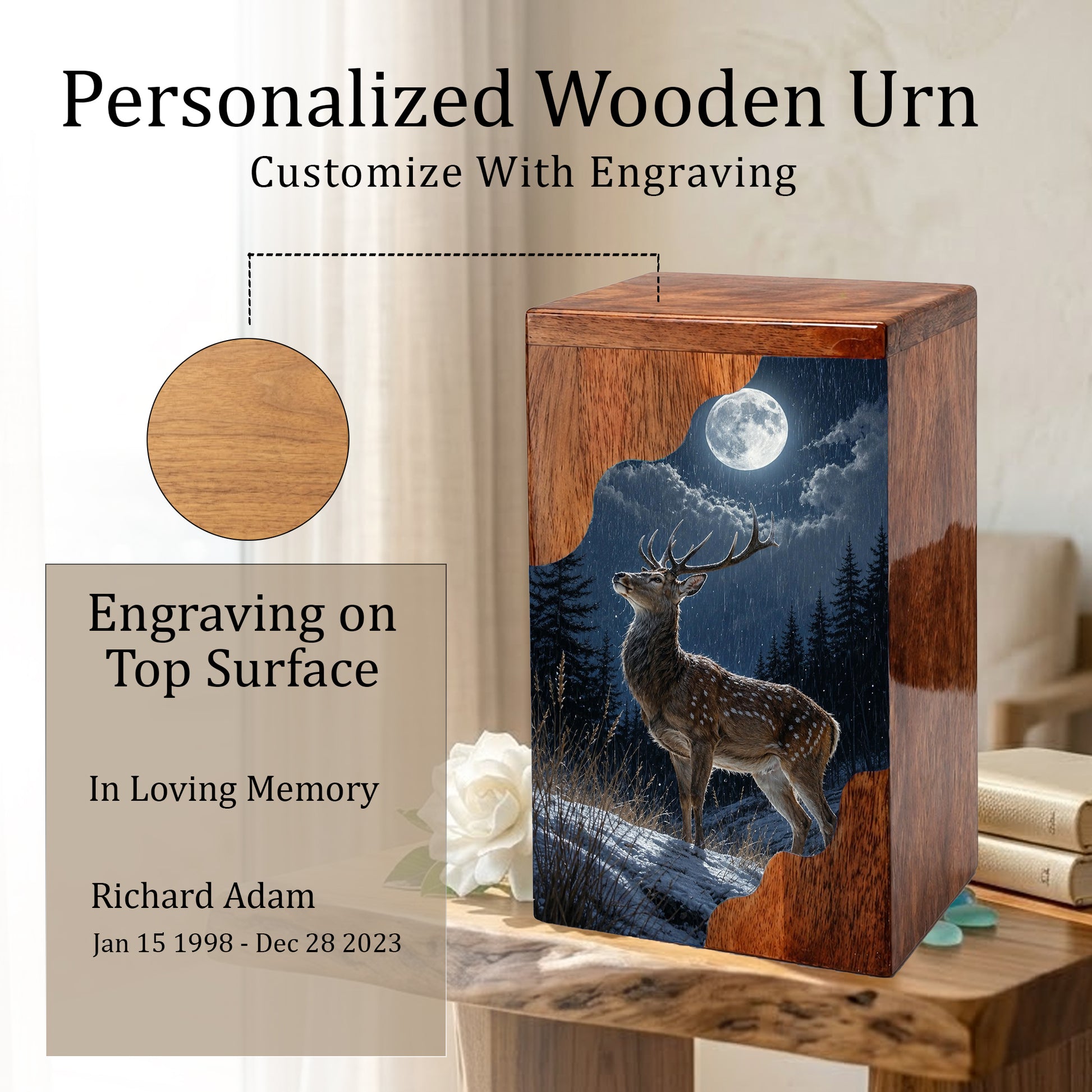Deer Wooden Cremation Urn – Moonlit Forest Memorial Urn