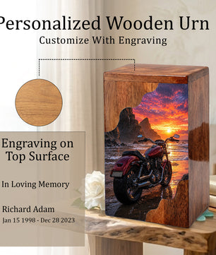 Motorcycle Beach Sunset Cremation Urn – Wooden Urn for Human Ashes
