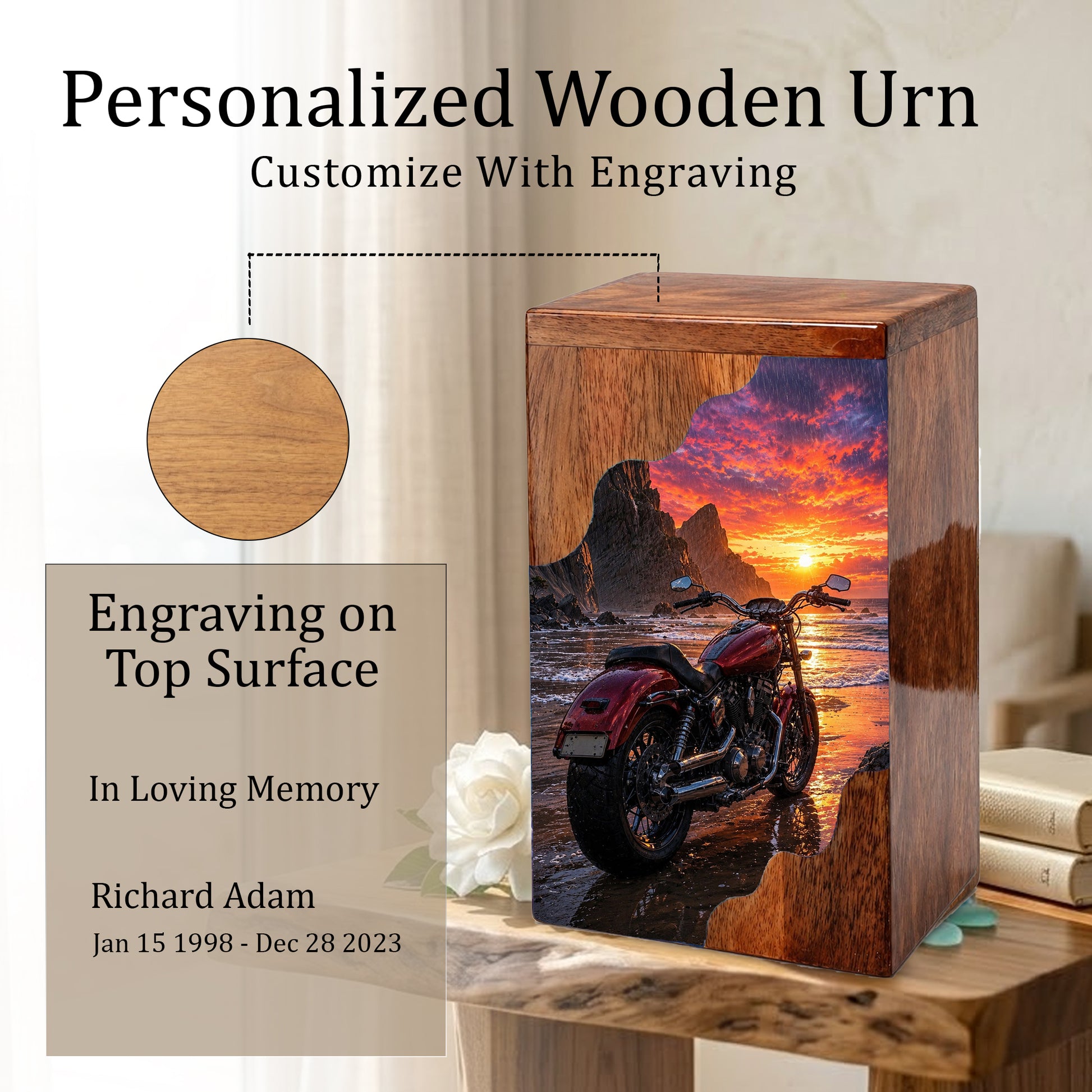 Motorcycle Beach Sunset Cremation Urn – Wooden Urn for Human Ashes