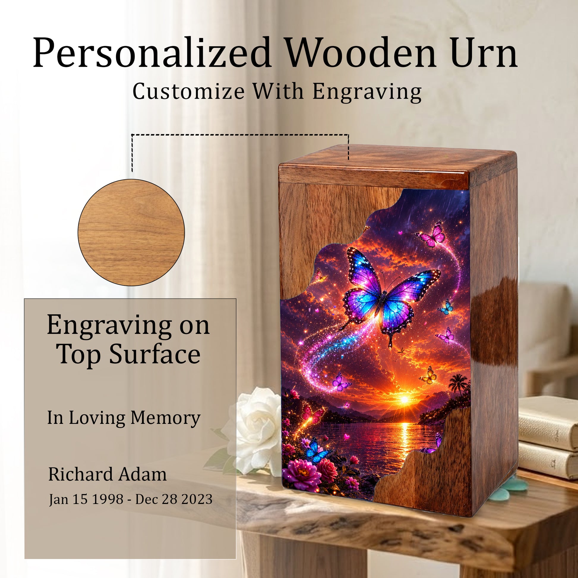 Butterfly Wooden Cremation Urn for Human Ashes