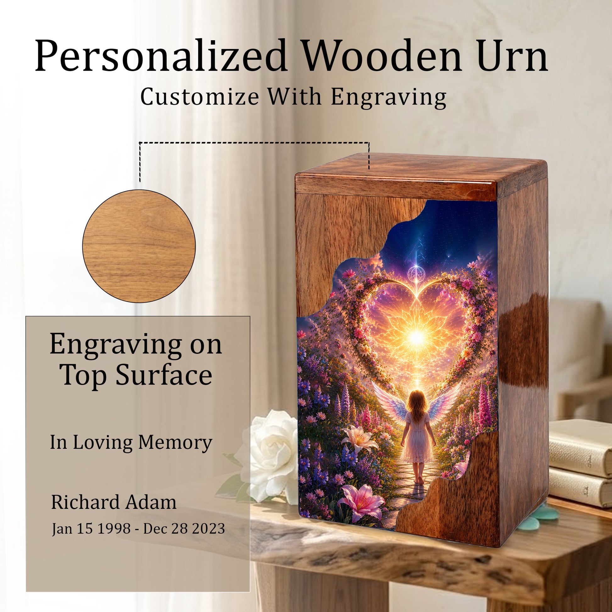 Angel Child Wooden Cremation Urn for Mom, Wooden Urn for Human Ashe