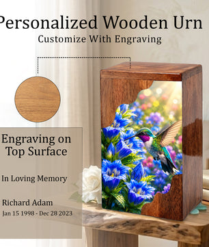 Hummingbird Wooden Cremation Urn for Mom | Personalized Urn for Human Ashes