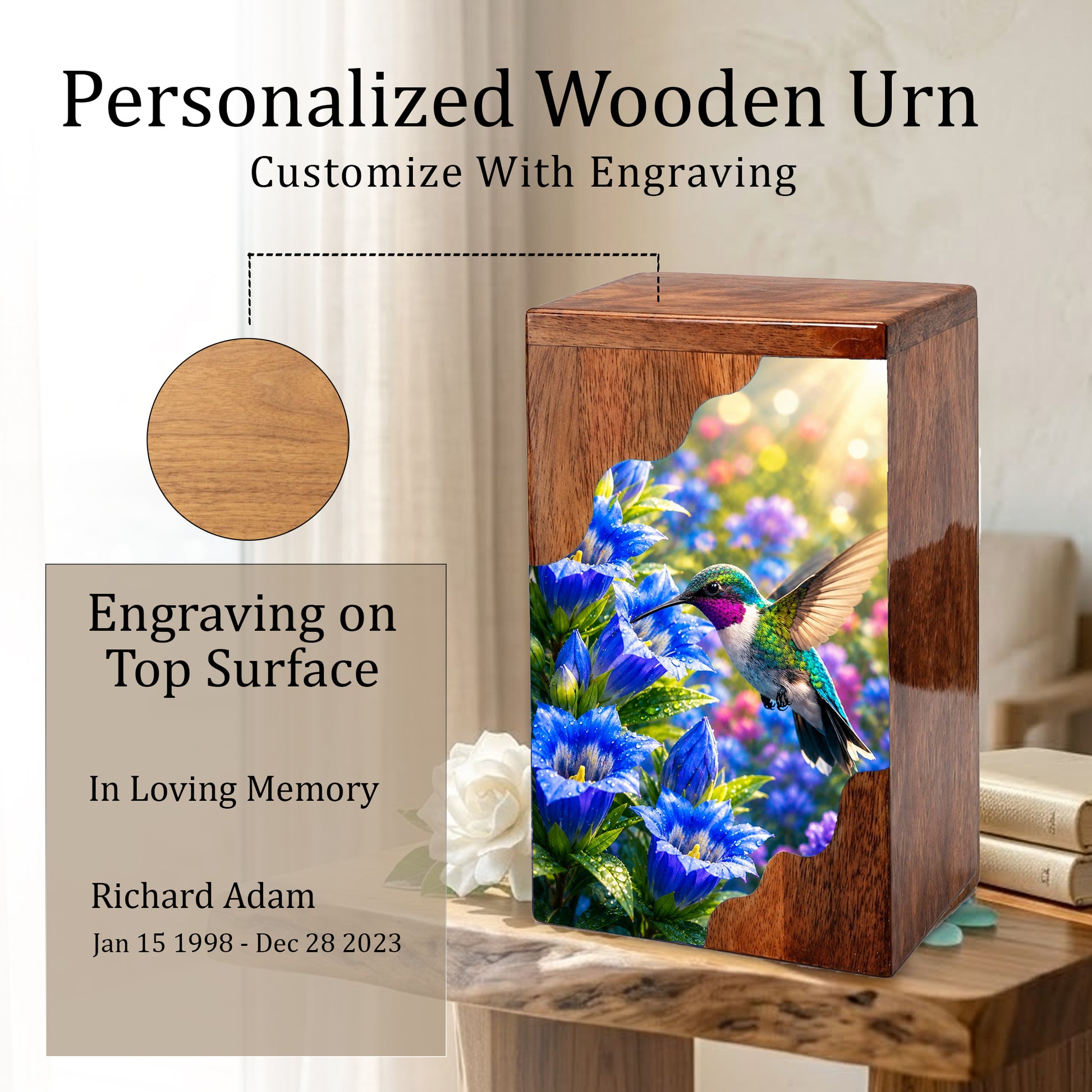Hummingbird Wooden Cremation Urn for Mom | Personalized Urn for Human Ashes