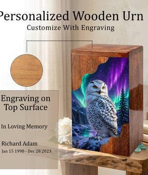 Snowy Owl Wooden Cremation Urn – Aurora Memorial Urn | Wooden Urn for Human Ashes