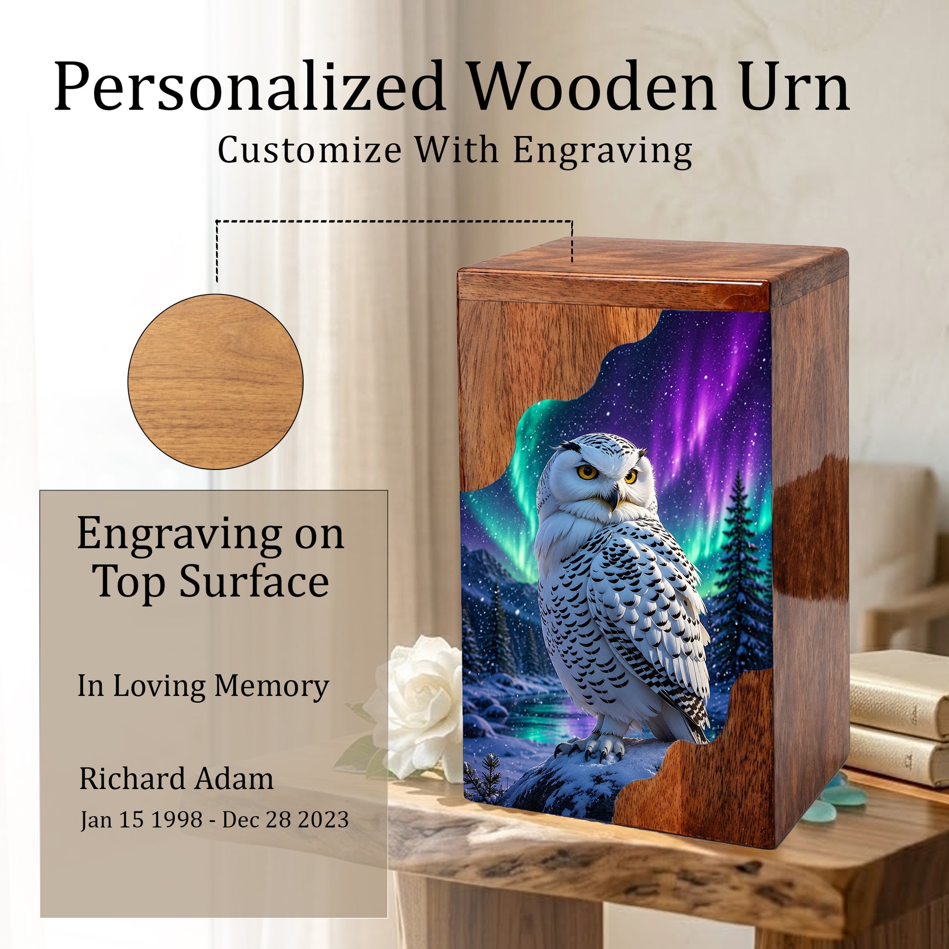 Snowy Owl Wooden Cremation Urn – Aurora Memorial Urn | Wooden Urn for Human Ashes