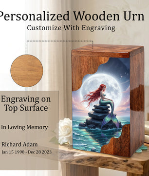 Wooden Cremation Urn – Moonlit Mermaid Memorial Urn | Custom Memorial Urn for Mom, Women & Loved Ones