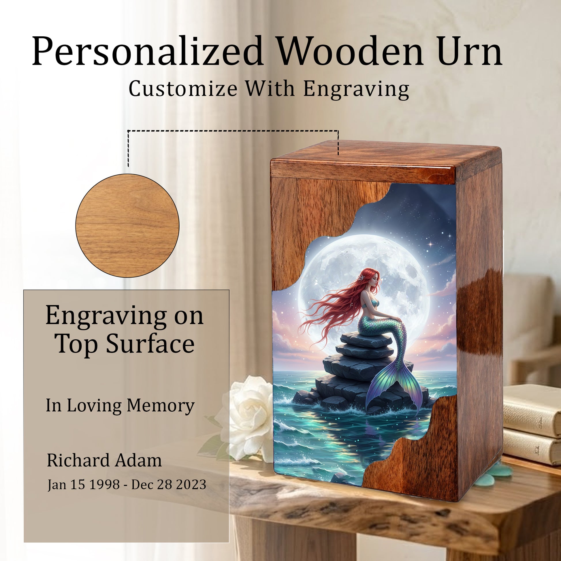 Wooden Cremation Urn – Moonlit Mermaid Memorial Urn | Custom Memorial Urn for Mom, Women & Loved Ones