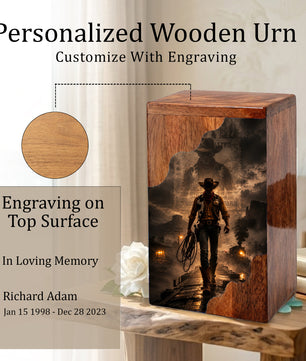 Cowboy Wooden Cremation Urn for Human Ashes | Personalized Western Memorial Urn