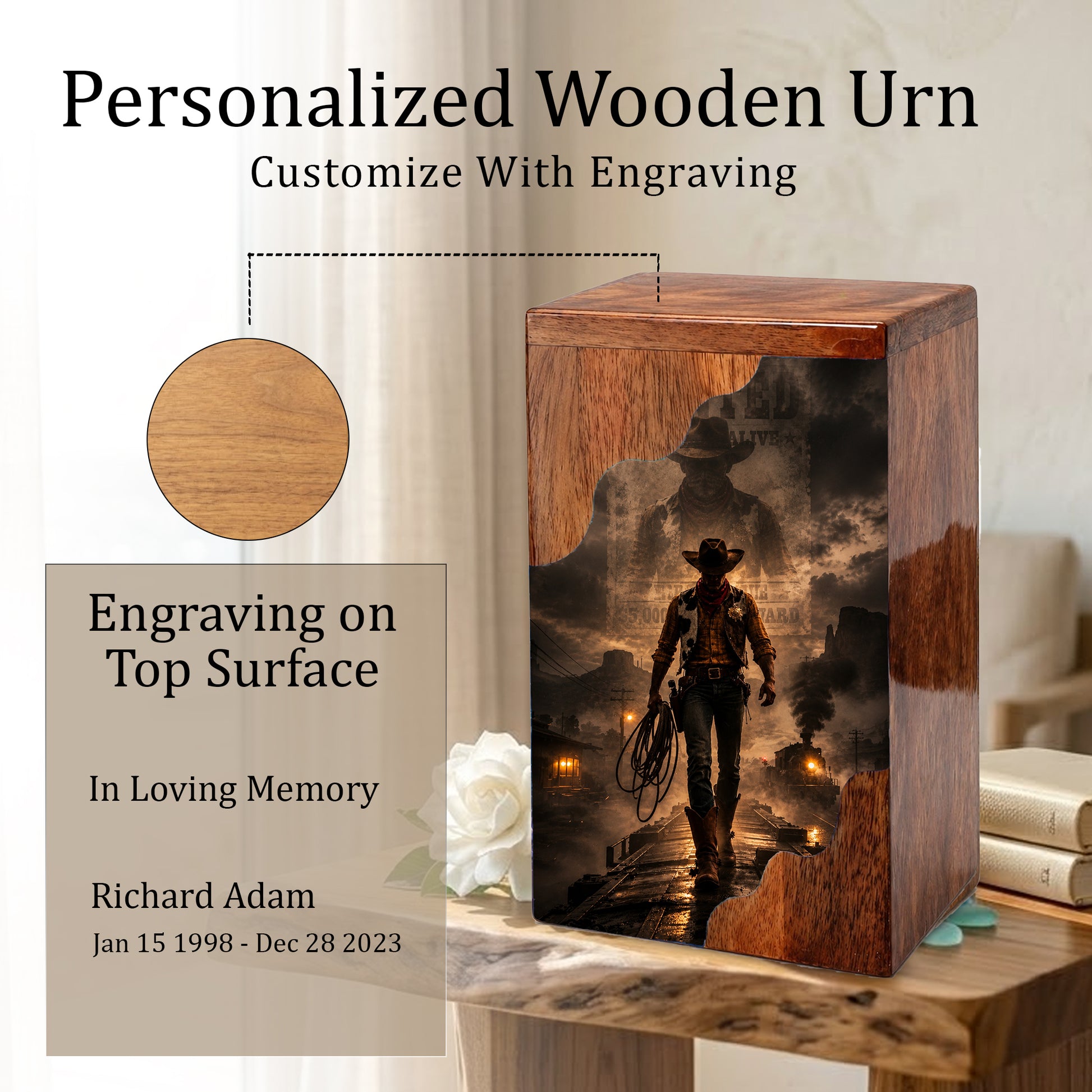 Cowboy Wooden Cremation Urn for Human Ashes | Personalized Western Memorial Urn