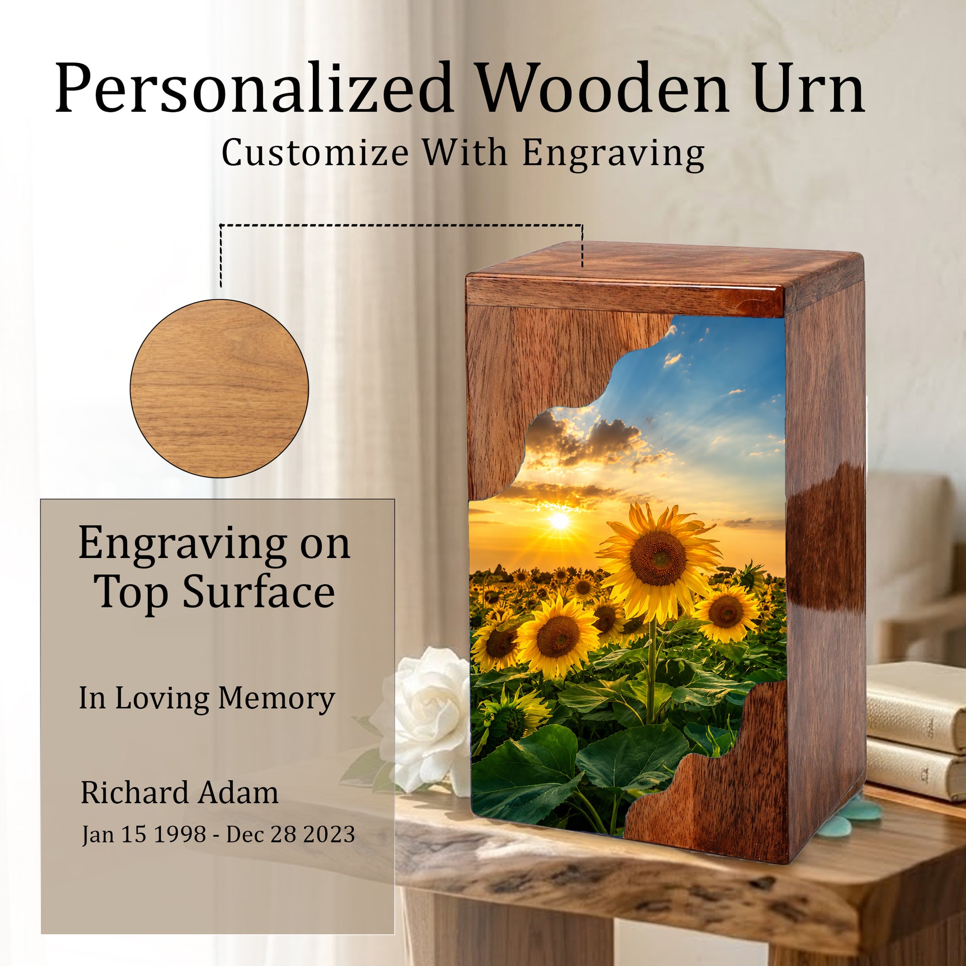 Sunflower Wooden Cremation Urn for Mom | Personalized Urn for Human Ashes