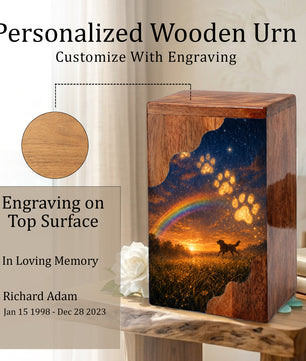 Personalized Dog Urn for Ashes, Wooden Cremation Urn, Rainbow Bridge Pet Memorial