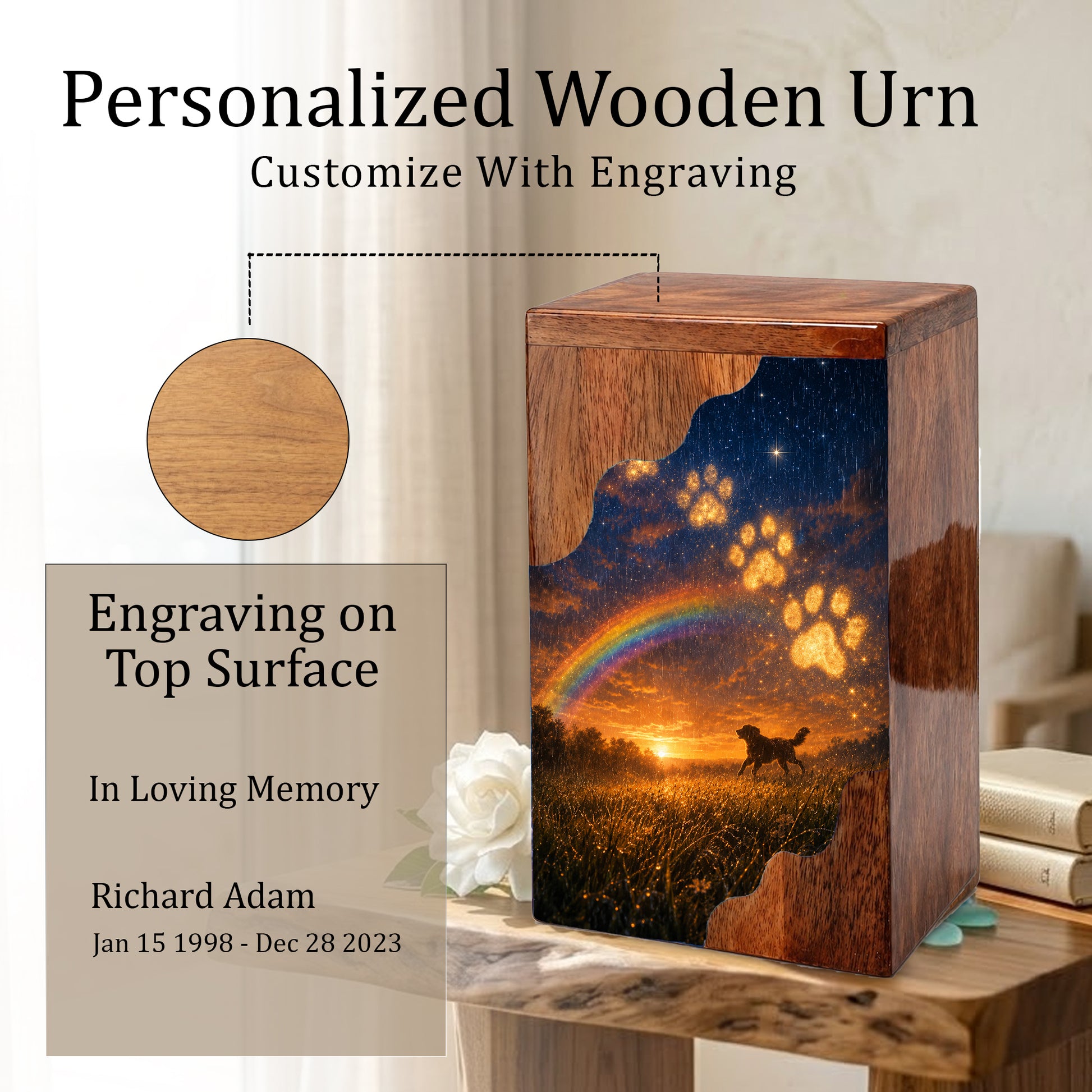 Personalized Dog Urn for Ashes, Wooden Cremation Urn, Rainbow Bridge Pet Memorial