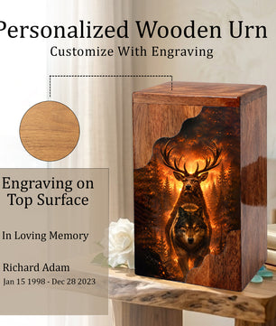 Wolf & Stag Wooden Cremation Urn – Woodland Memorial Urn