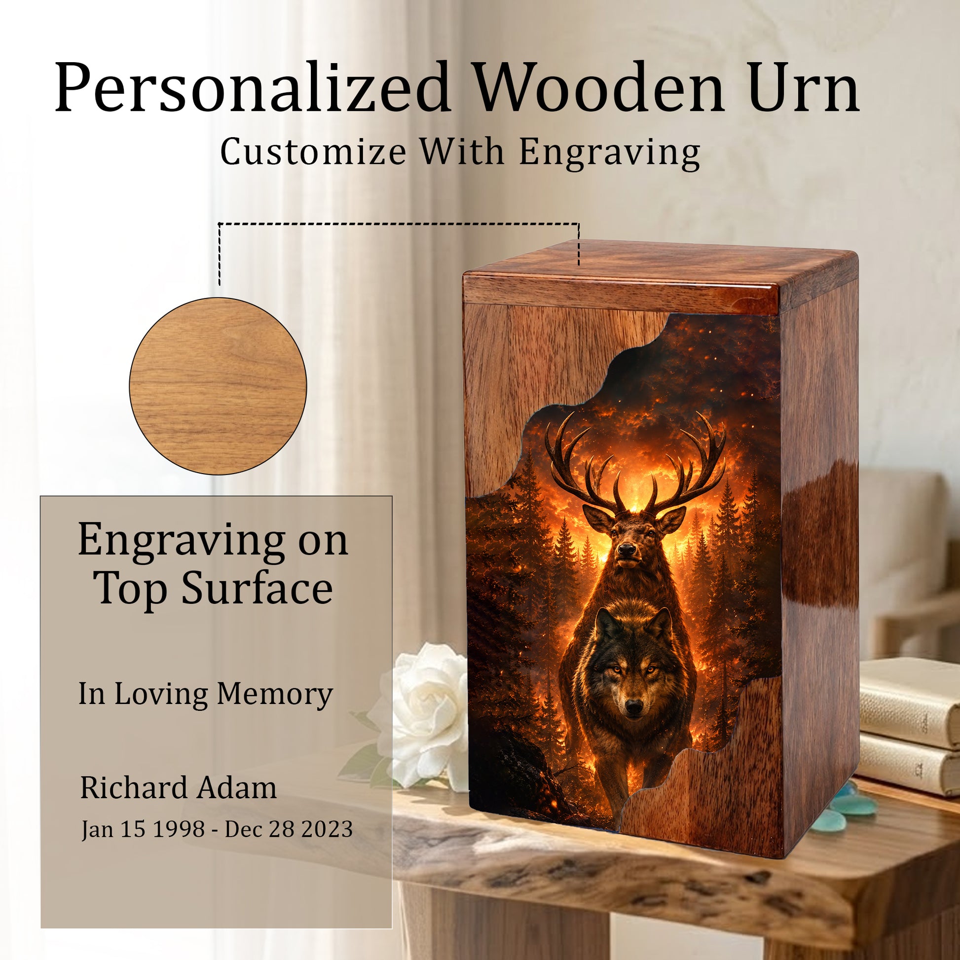 Wolf & Stag Wooden Cremation Urn – Woodland Memorial Urn
