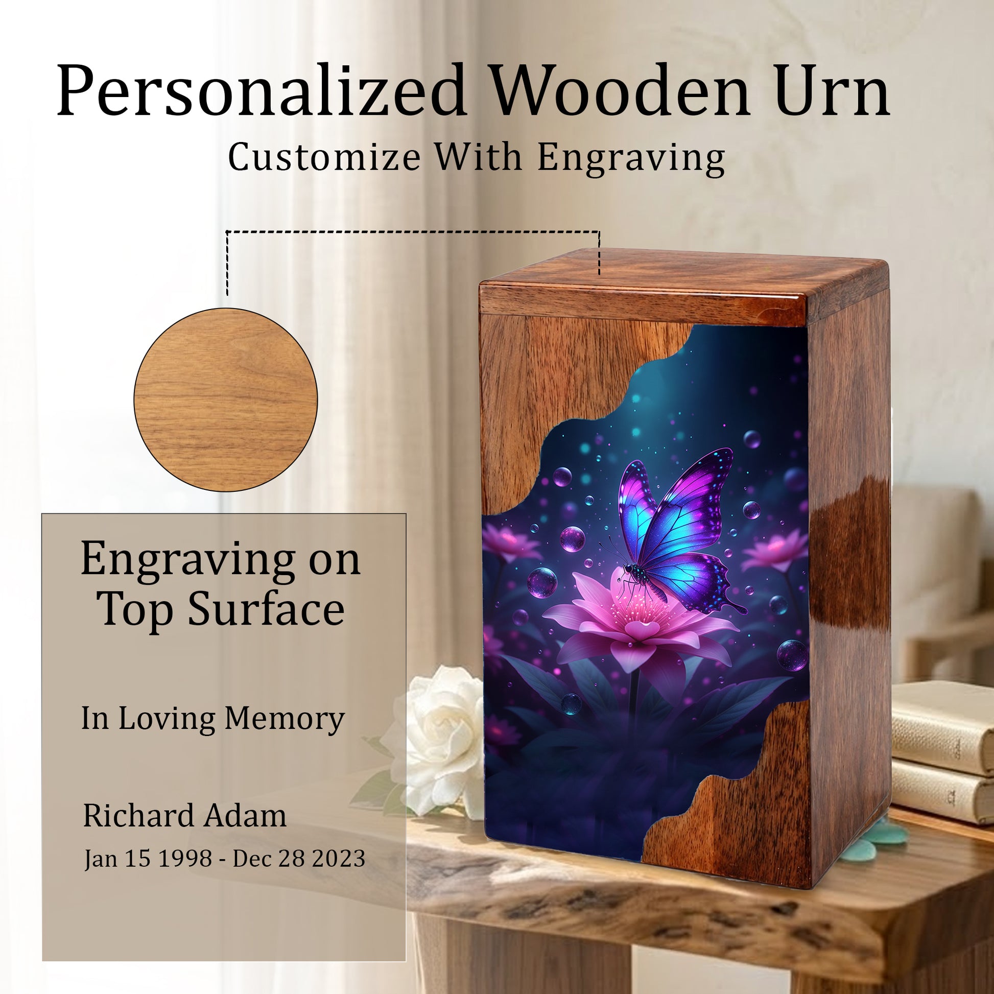 Butterfly Cremation Urn – Custom Wooden Memorial Urn Box for Ashes