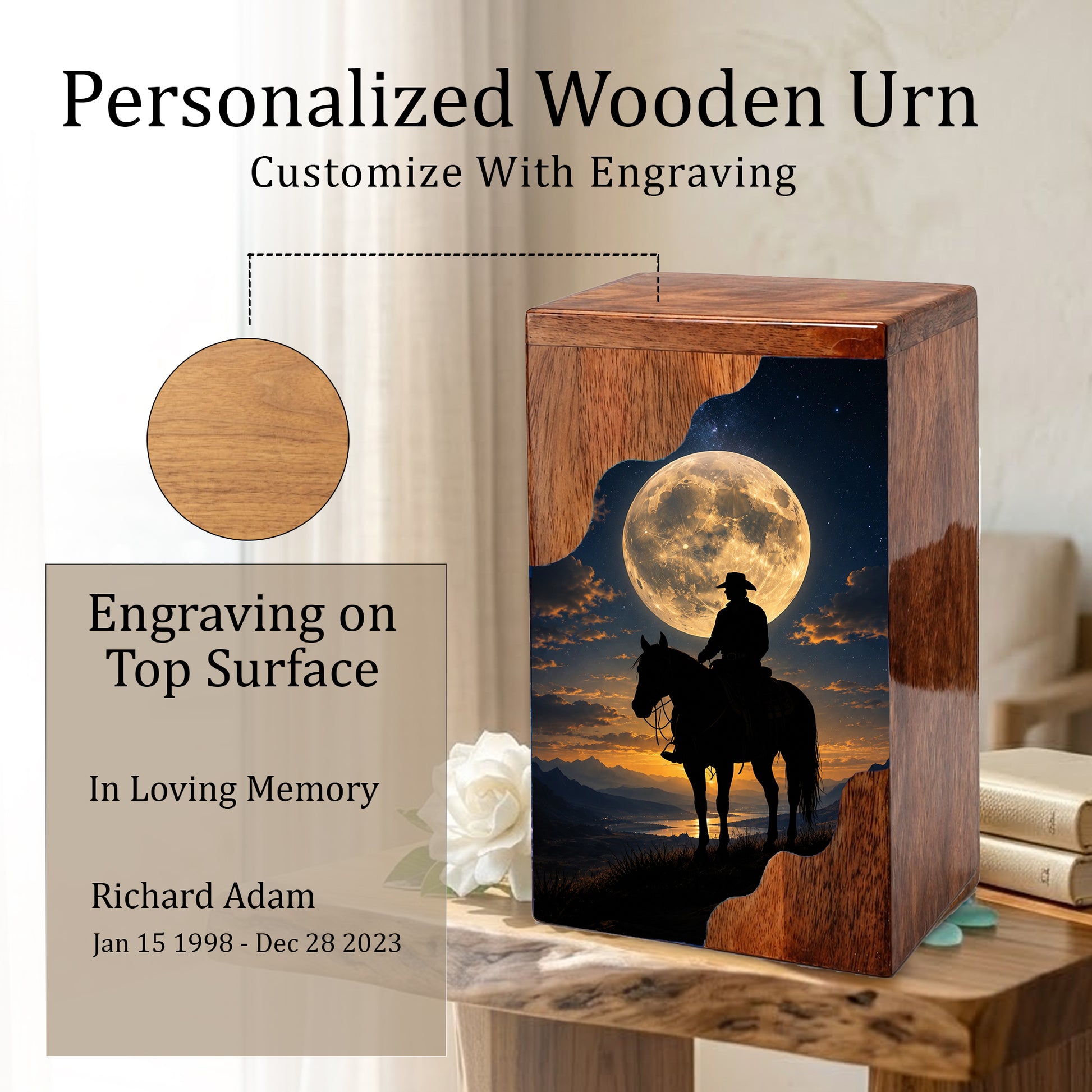 Cowboy Wooden Cremation Urn for Human Ashes
