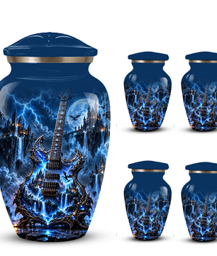 Gothic Electric Guitar Cremation Urn for Ashes, Blue Fantasy Musician Urn, Custom Guitar Urn