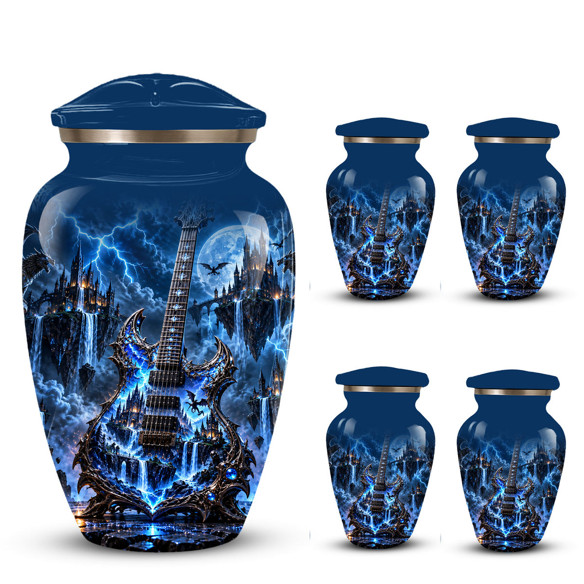 Gothic Electric Guitar Cremation Urn for Ashes, Blue Fantasy Musician Urn, Custom Guitar Urn