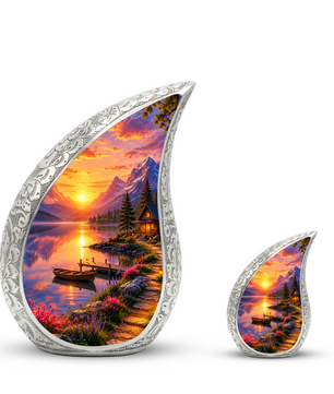 Sunset Lake Cremation Urn for Adult Ashes, Mountain Landscape Memorial Urn