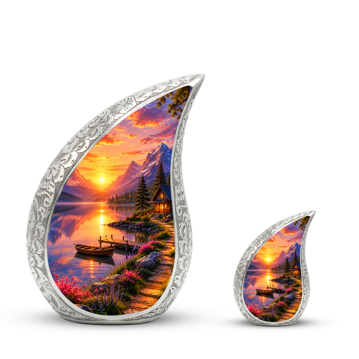 Sunset Lake Cremation Urn for Adult Ashes, Mountain Landscape Memorial Urn