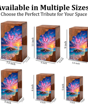 Pink Butterfly Ocean Wooden Cremation Urn – Sunset Memorial Urn for Mom