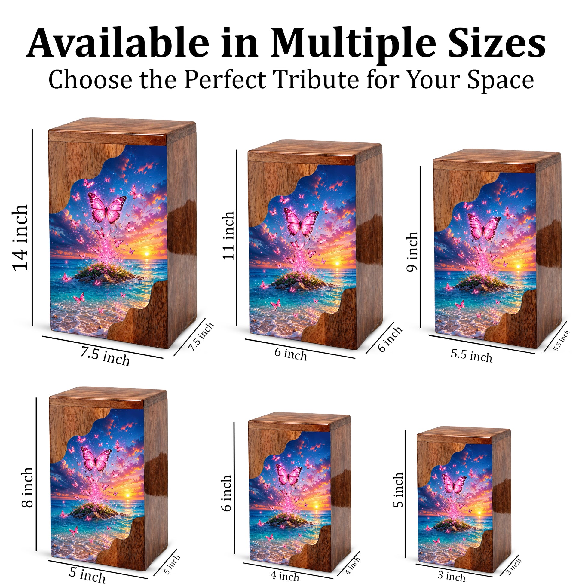 Pink Butterfly Ocean Wooden Cremation Urn – Sunset Memorial Urn for Mom