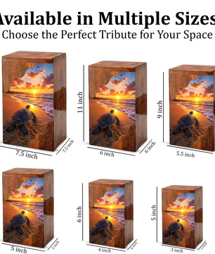 Sea Turtle Sunset Wooden Cremation Urn – Adult Wooden Urn for Human Ashes | Beach Memorial Urn
