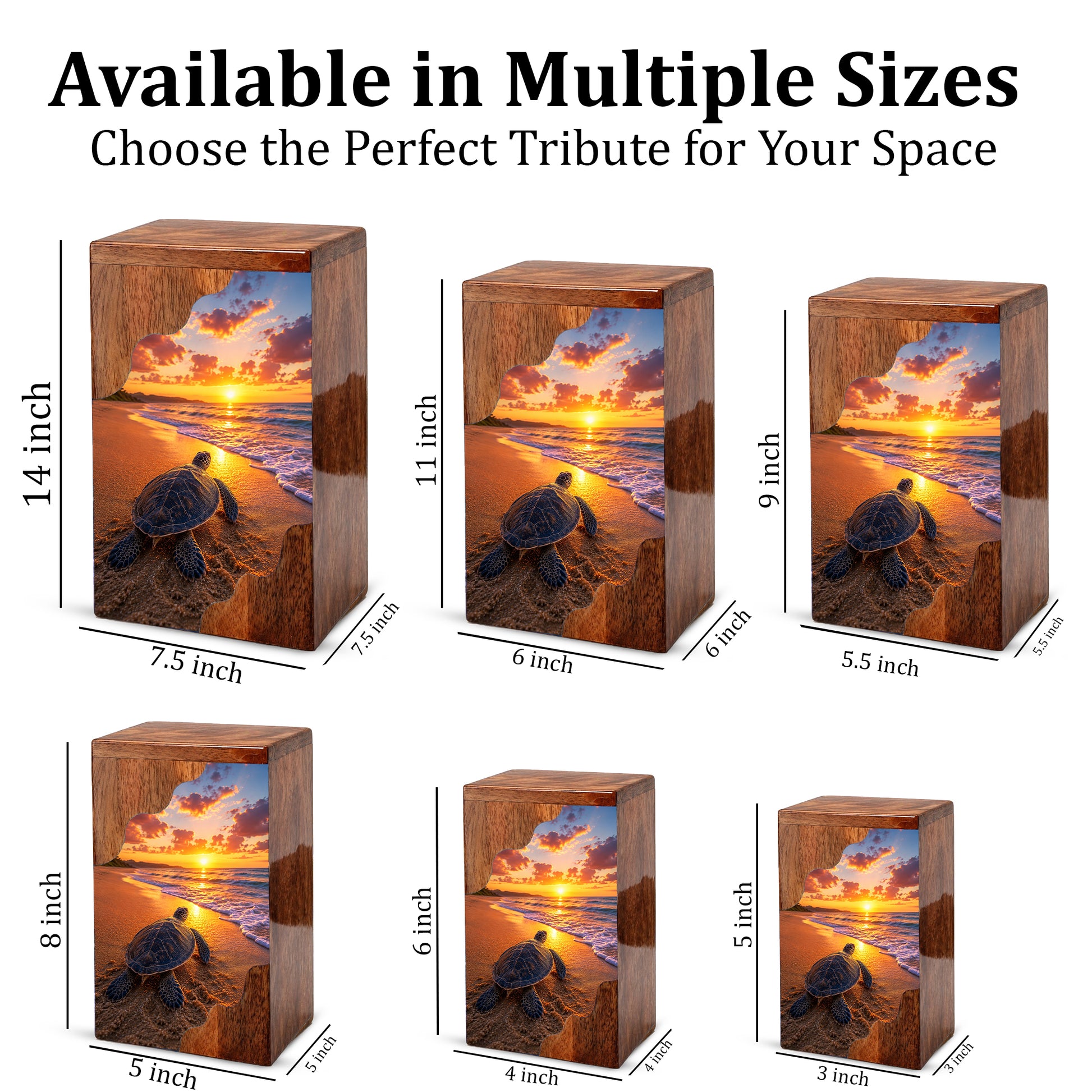 Sea Turtle Sunset Wooden Cremation Urn – Adult Wooden Urn for Human Ashes | Beach Memorial Urn