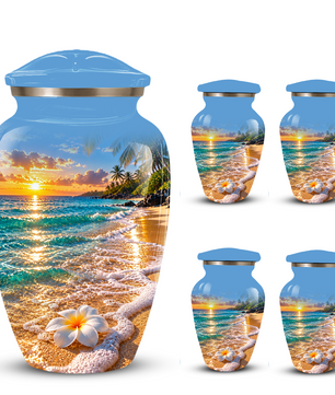 Tropical Beach Sunset Memorial Urn, Plumeria Flower Urn for Human Ashes
