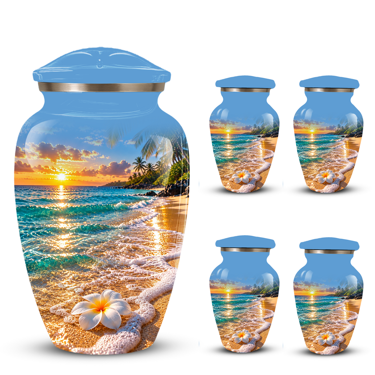 Tropical Beach Sunset Memorial Urn, Plumeria Flower Urn for Human Ashes