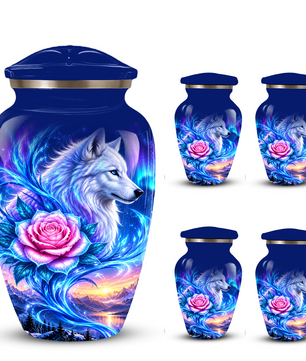 White Wolf and Pink Rose Cremation Urn for Adult Ashes, Blue Memorial Urn with Celestial Aurora and Sunset Mountain Artwork